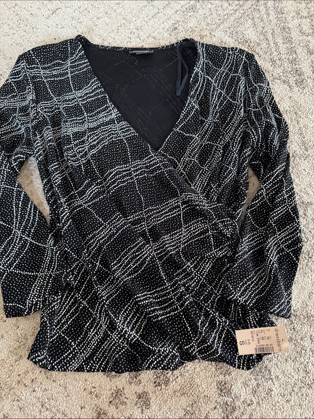 dressbarn Black V-Neck Wrap Top with White Dot Grid
